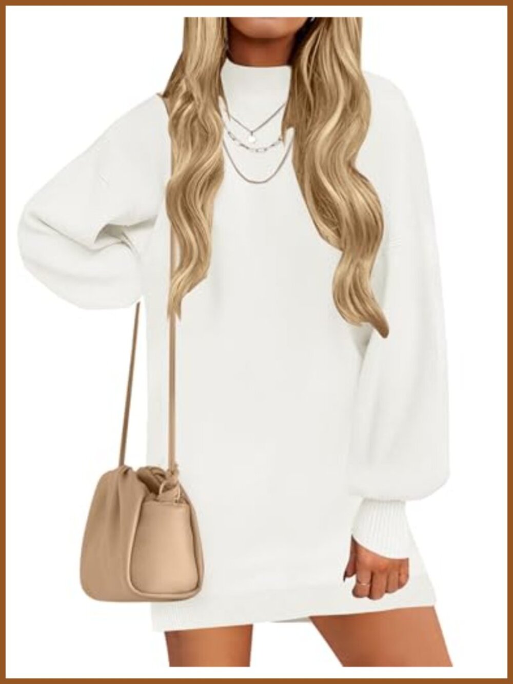 Mock Neck Mini Sweater Dress Lantern Sleeve Ribbed Knit Pullover